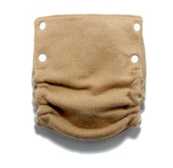 A light brown cashmere diaper cover with white snap closures
