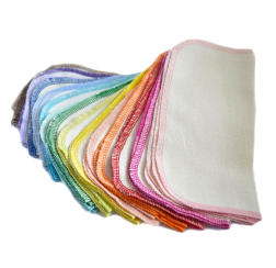DIaperkind unbleached cotton cloth wipes with rainbow variety of stitching, arranged in a fan shape