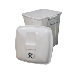 Angle view of heavy duty diaper pail with the lid propped against the side facing front