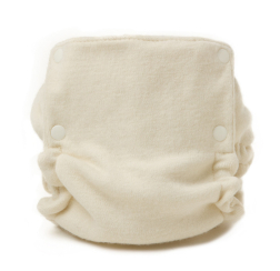 Front view of an off-white cream colored merino wool diaper cover with white snaps