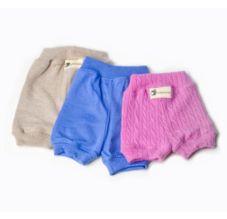 Front view of three pairs of short cashmere wool diaper cover pants, in pink, cornflower blue, and oatmeal